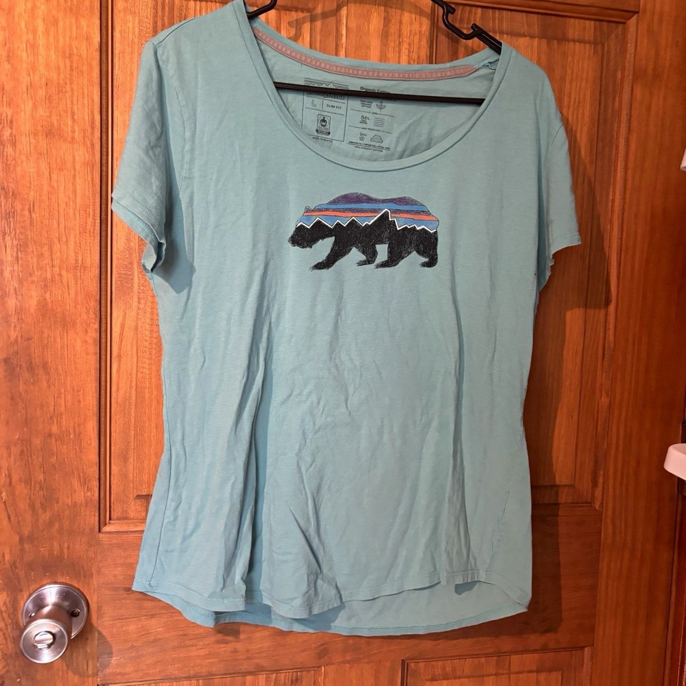 Patagonia Womens Fitz Roy Bear Organic Cotton Scoop Neck T-Shirt Blue L 0768